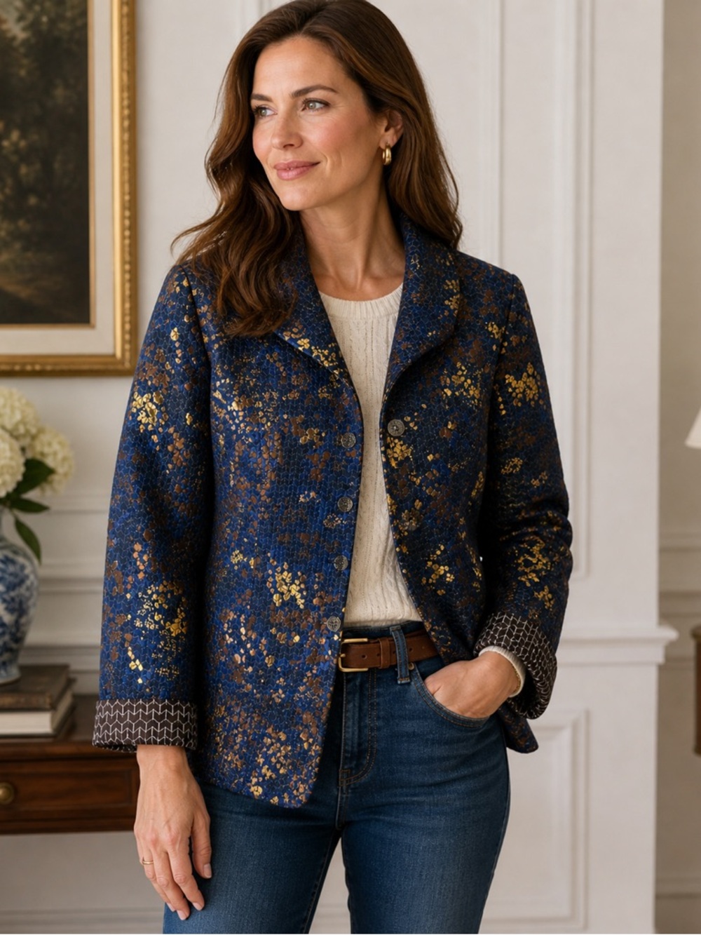 Christopher & Banks Metallic Floral Quilted Blazer Jacket Large